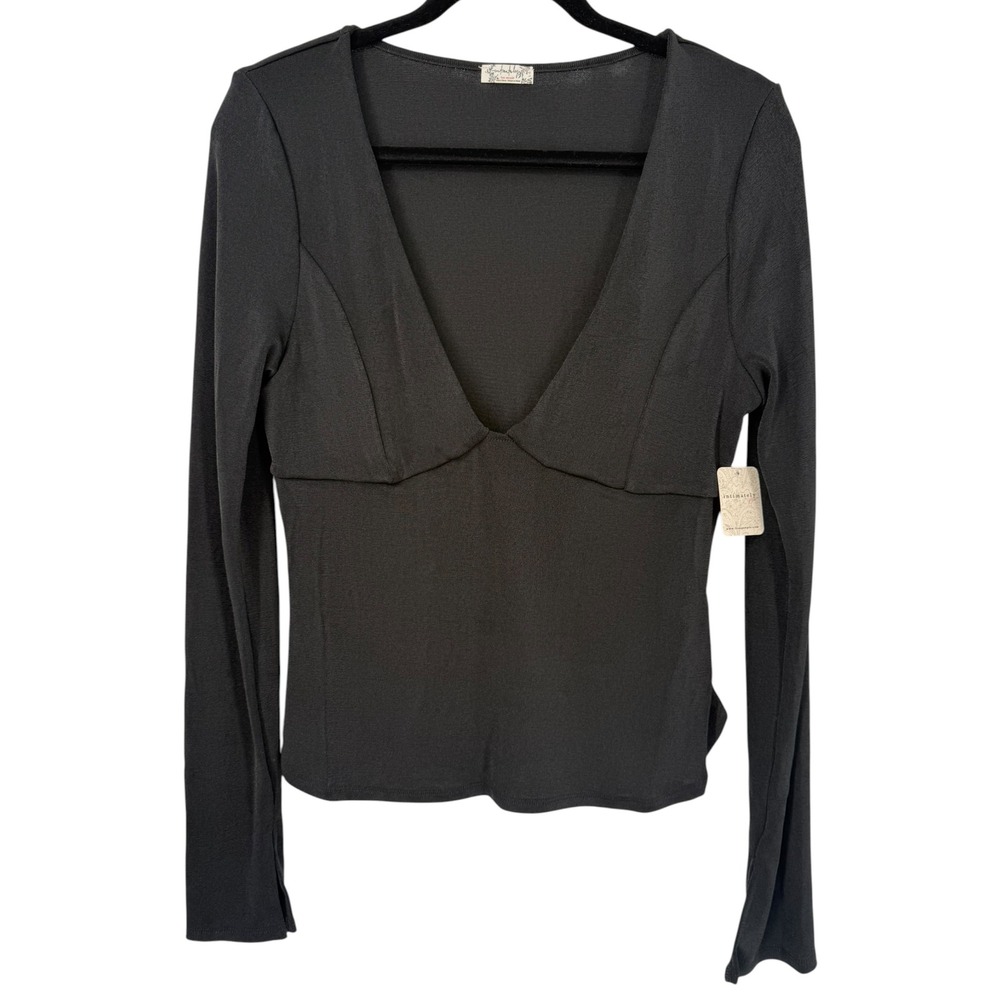 NWT Free People Intimately Black Long Sleeve Deep V-Neck Babydoll Top Size Large